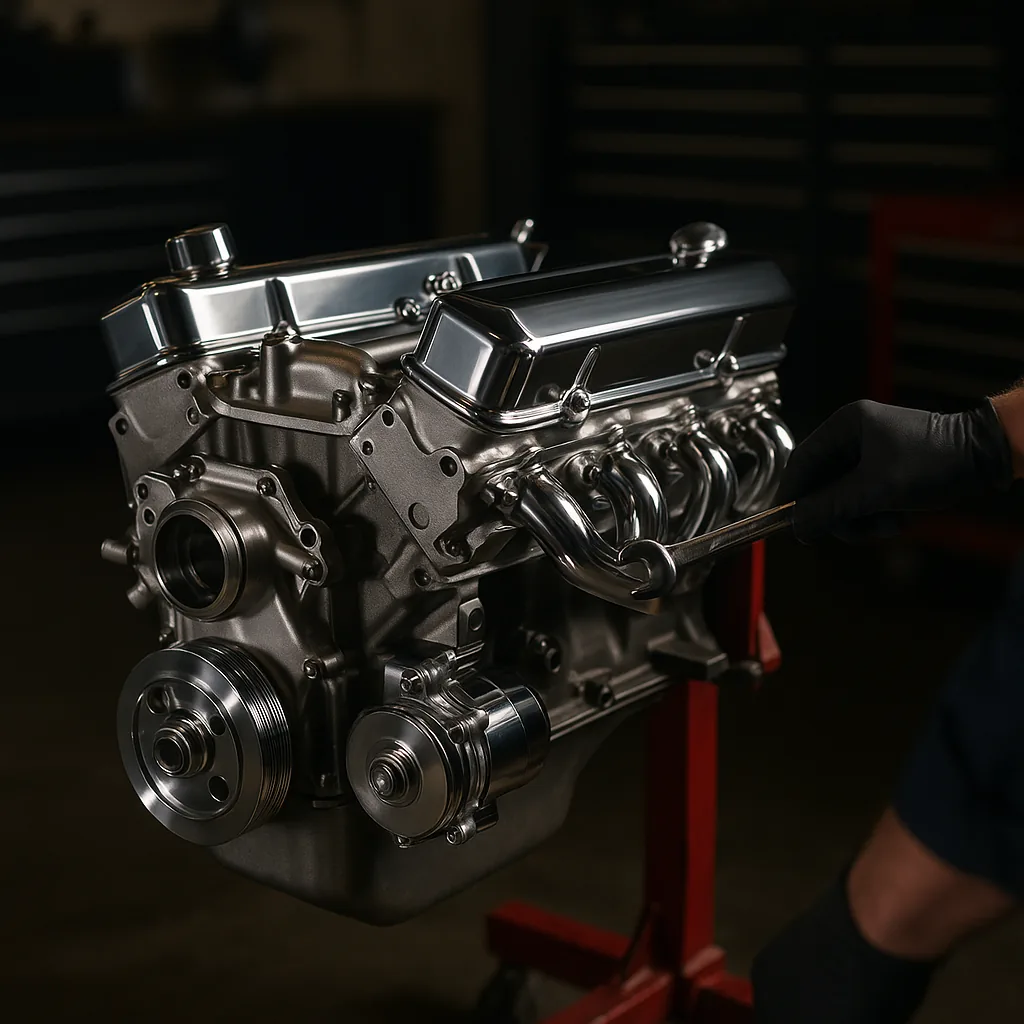 Rebuilt engine on a workshop stand at Luber Mechanical Noosaville